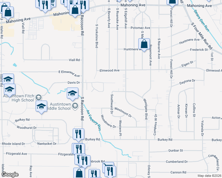 map of restaurants, bars, coffee shops, grocery stores, and more near 452 Southward Drive in Youngstown