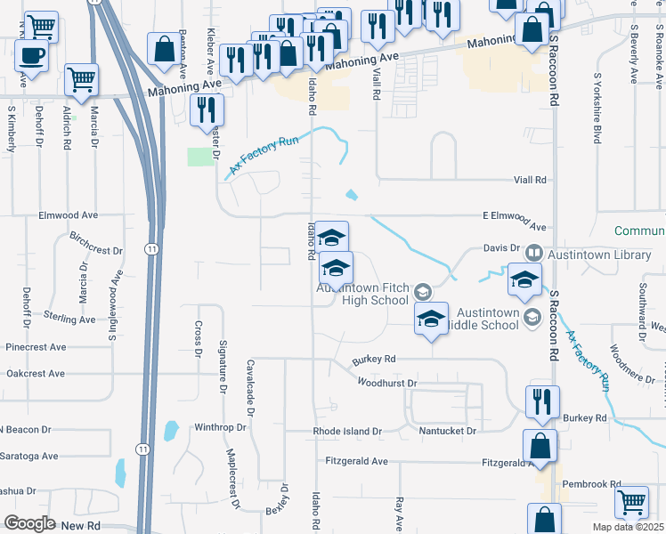 map of restaurants, bars, coffee shops, grocery stores, and more near 215 Idaho Road in Youngstown