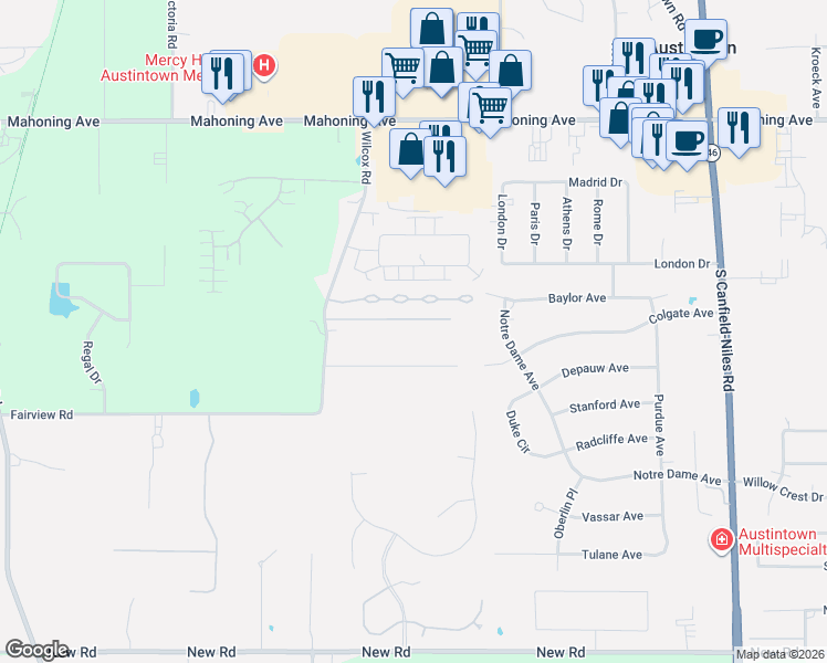 map of restaurants, bars, coffee shops, grocery stores, and more near 547 Wilcox Road in Youngstown