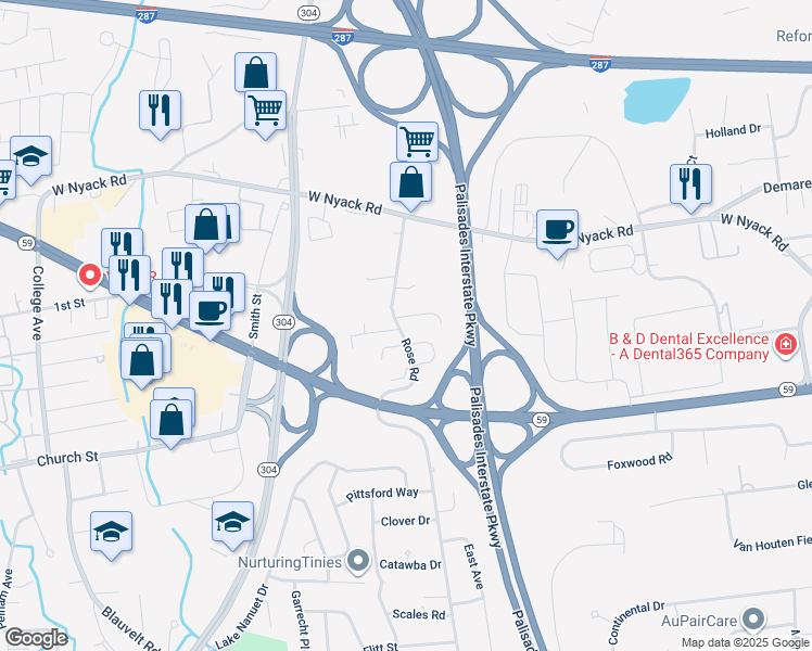map of restaurants, bars, coffee shops, grocery stores, and more near 3 Debra Lee Court in West Nyack