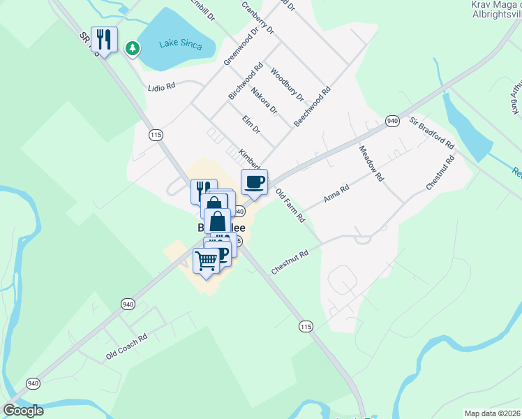 map of restaurants, bars, coffee shops, grocery stores, and more near 115 Pennsylvania 940 in Blakeslee