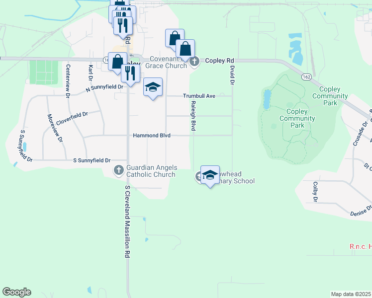 map of restaurants, bars, coffee shops, grocery stores, and more near 1517 Raleigh Boulevard in Akron