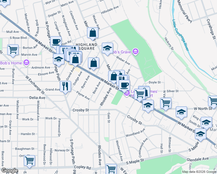 map of restaurants, bars, coffee shops, grocery stores, and more near in Akron