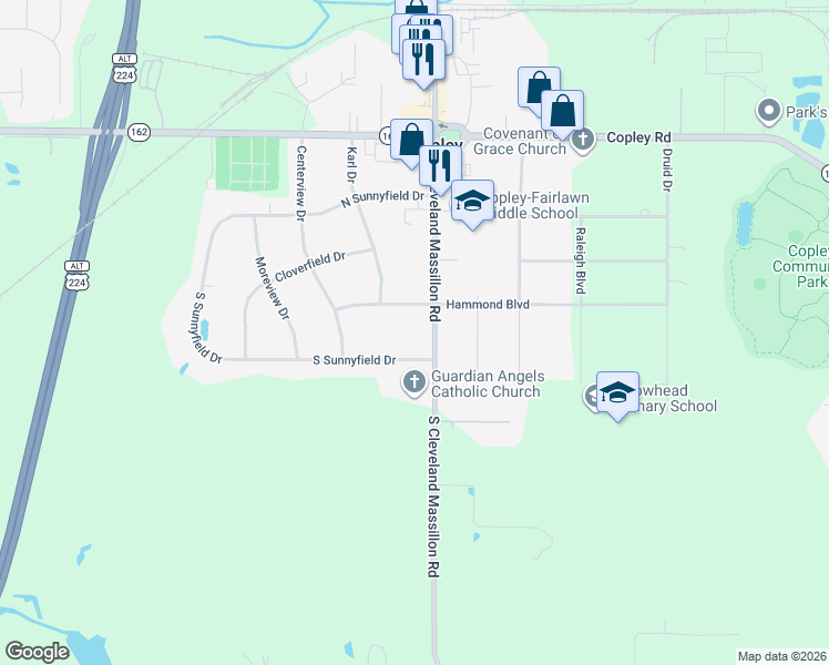 map of restaurants, bars, coffee shops, grocery stores, and more near 3532 Hammond Boulevard in Akron
