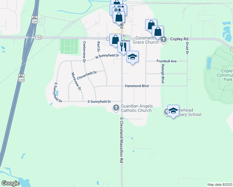 map of restaurants, bars, coffee shops, grocery stores, and more near 3532 Hammond Boulevard in Akron