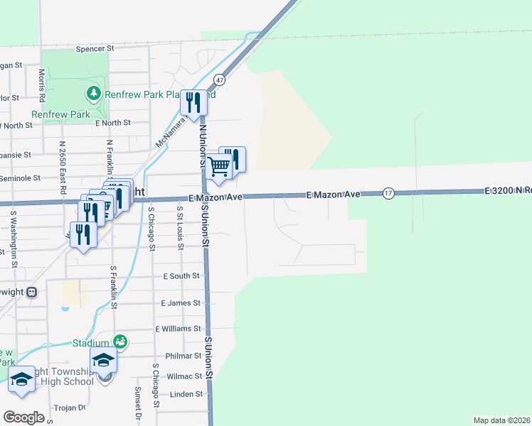 map of restaurants, bars, coffee shops, grocery stores, and more near 109 Bannon Drive in Dwight