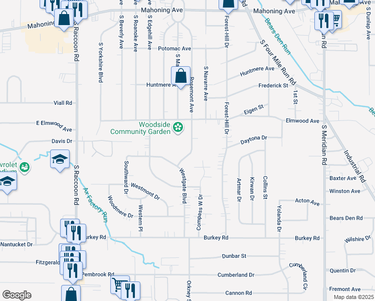 map of restaurants, bars, coffee shops, grocery stores, and more near 366 Rosemont Avenue in Youngstown