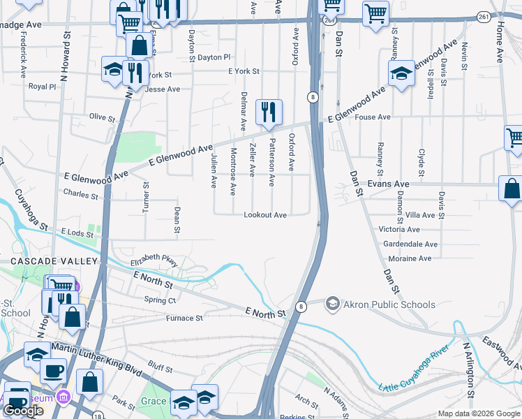 map of restaurants, bars, coffee shops, grocery stores, and more near 304 Zeller Avenue in Akron