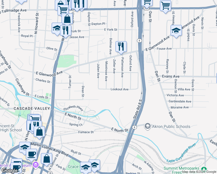 map of restaurants, bars, coffee shops, grocery stores, and more near 304 Zeller Avenue in Akron