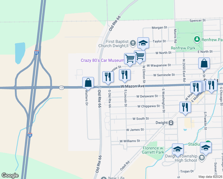 map of restaurants, bars, coffee shops, grocery stores, and more near 502 West Mazon Avenue in Dwight
