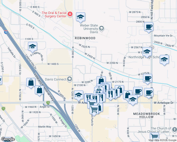 map of restaurants, bars, coffee shops, grocery stores, and more near 2303 Garden Lane West in Layton