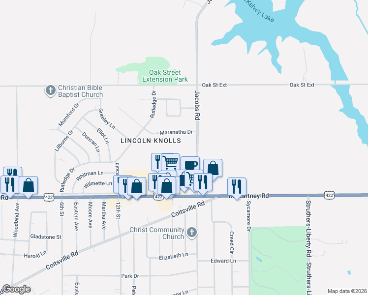 map of restaurants, bars, coffee shops, grocery stores, and more near 128 Jacobs Road in Youngstown