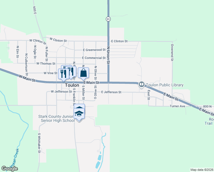 map of restaurants, bars, coffee shops, grocery stores, and more near 414 East Main Street in Toulon