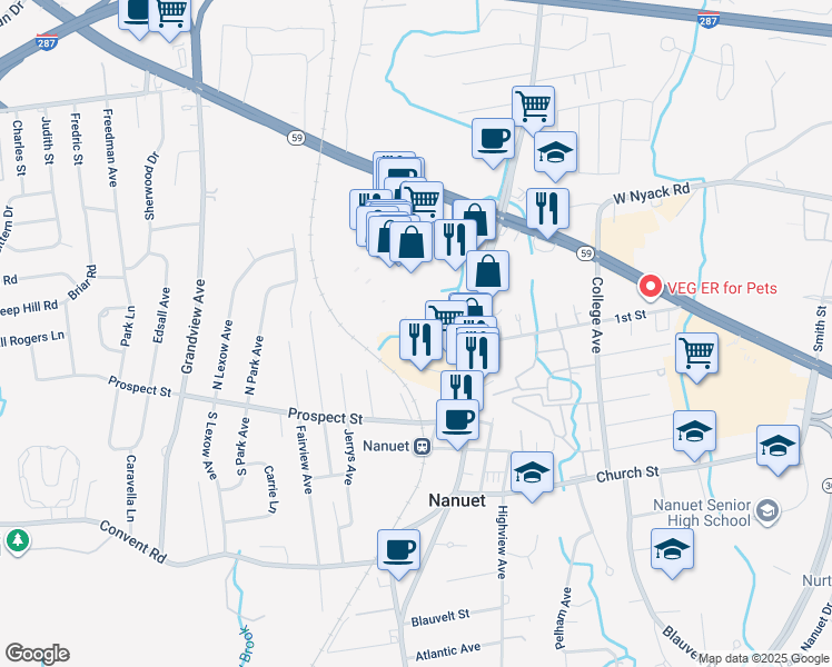map of restaurants, bars, coffee shops, grocery stores, and more near 200 Nanuet Mall South in Nanuet
