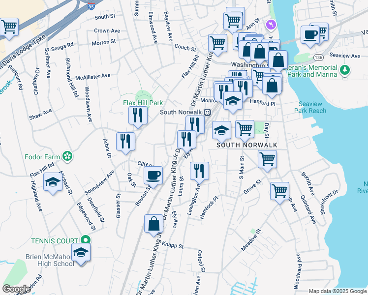 map of restaurants, bars, coffee shops, grocery stores, and more near 3 Mulvoy Street in Norwalk