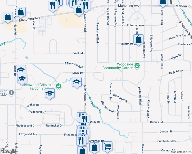 map of restaurants, bars, coffee shops, grocery stores, and more near 603 South Raccoon Road in Youngstown