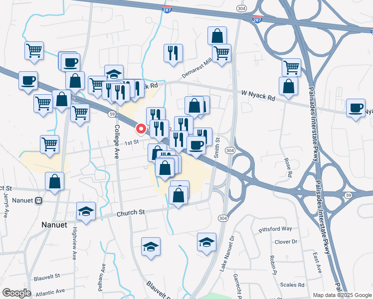 map of restaurants, bars, coffee shops, grocery stores, and more near 214 Highway 59 in Nanuet
