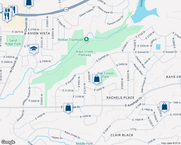 map of restaurants, bars, coffee shops, grocery stores, and more near 2340 North 2050 East in Layton