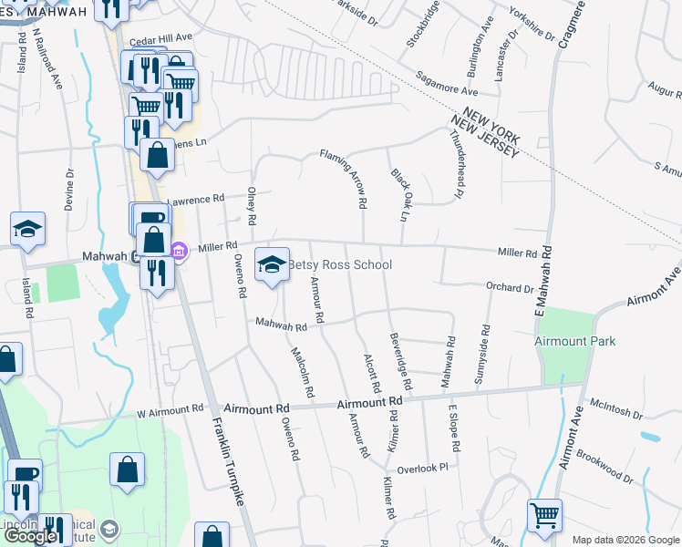 map of restaurants, bars, coffee shops, grocery stores, and more near 8 Alcott Road in Mahwah