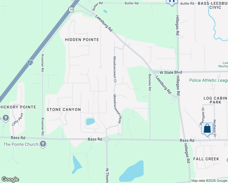 map of restaurants, bars, coffee shops, grocery stores, and more near 1851 Meadowsweet Court in Fort Wayne