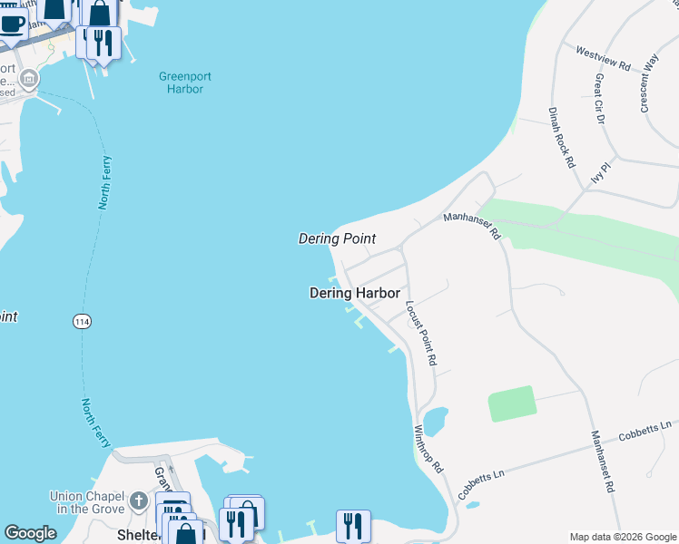 map of restaurants, bars, coffee shops, grocery stores, and more near 21A Harbor Lane in Hampton Bays