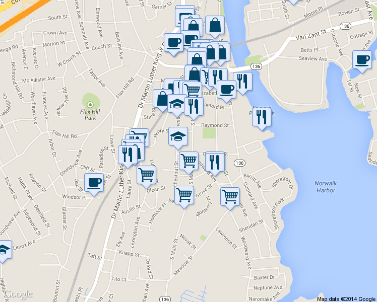 map of restaurants, bars, coffee shops, grocery stores, and more near in Norwalk