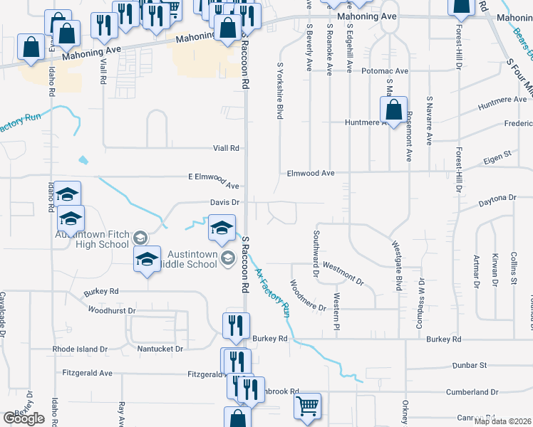 map of restaurants, bars, coffee shops, grocery stores, and more near 603 South Raccoon Road in Youngstown