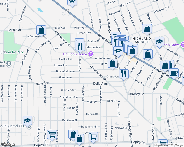 map of restaurants, bars, coffee shops, grocery stores, and more near 911 Bloomfield Avenue in Akron