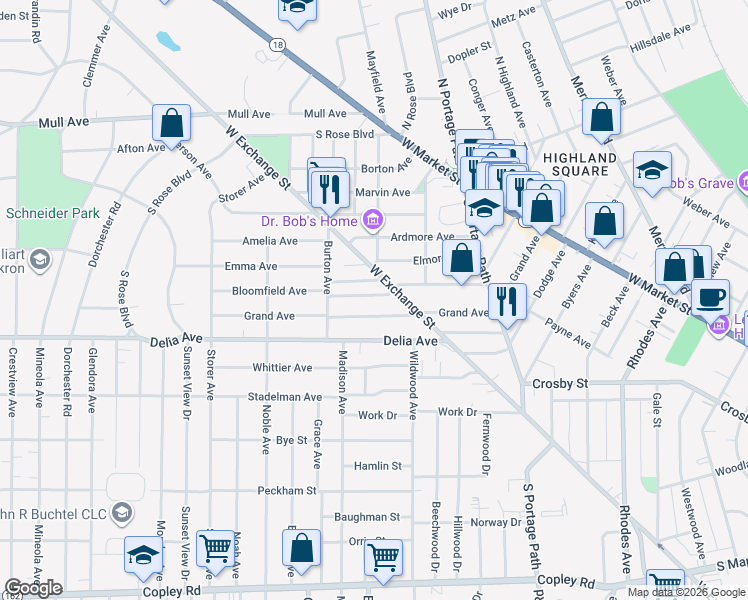 map of restaurants, bars, coffee shops, grocery stores, and more near 911 Bloomfield Avenue in Akron