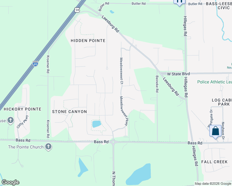 map of restaurants, bars, coffee shops, grocery stores, and more near 2135 Meadowsweet Parkway in Fort Wayne