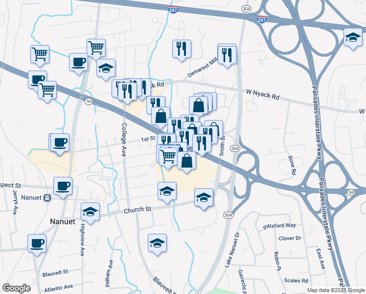 map of restaurants, bars, coffee shops, grocery stores, and more near 43 Highway 59 in Nanuet