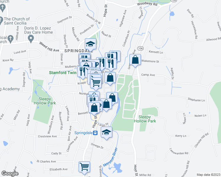 map of restaurants, bars, coffee shops, grocery stores, and more near 85 Camp Avenue in Stamford