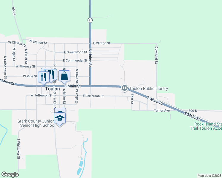 map of restaurants, bars, coffee shops, grocery stores, and more near 400-498 E Main St in Toulon