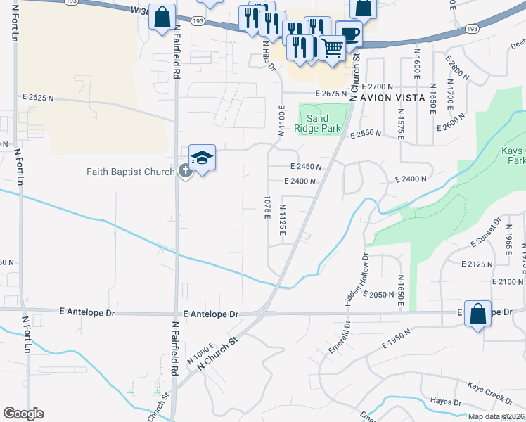 map of restaurants, bars, coffee shops, grocery stores, and more near 2315 North 1075 East in Layton