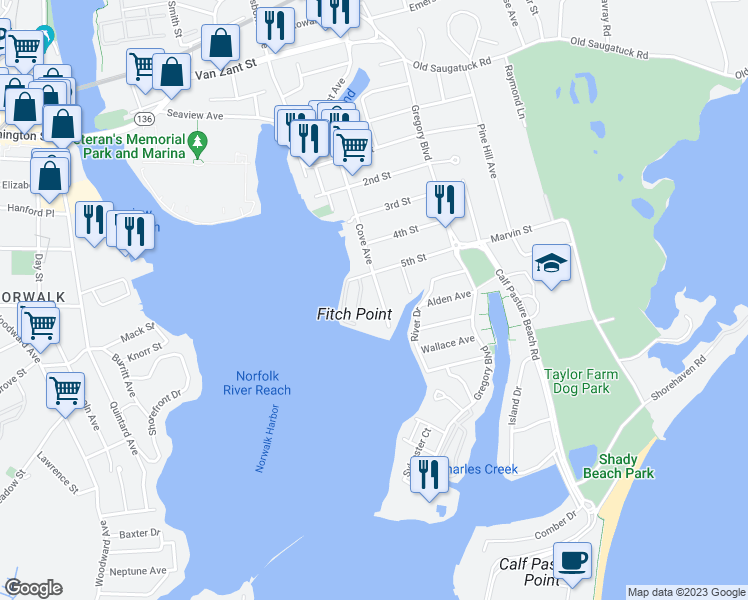 map of restaurants, bars, coffee shops, grocery stores, and more near 62 Cove Avenue in Norwalk