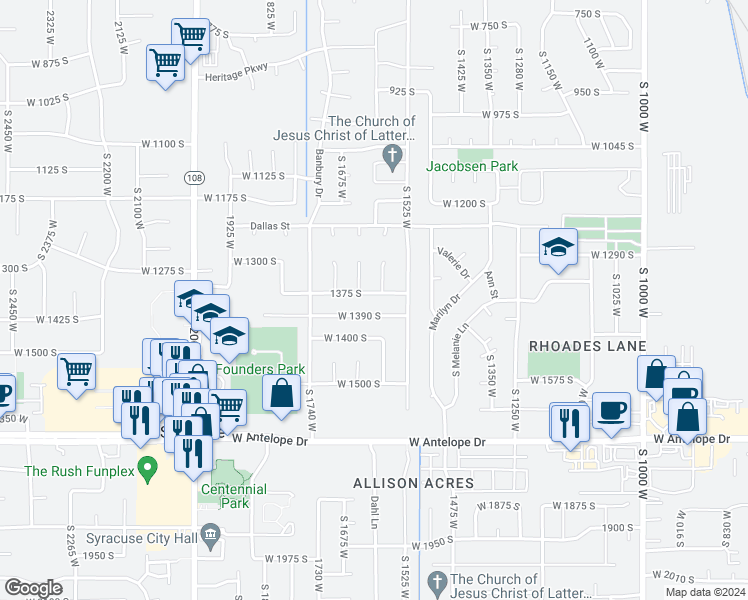 map of restaurants, bars, coffee shops, grocery stores, and more near 1619 West 1375 South in Syracuse