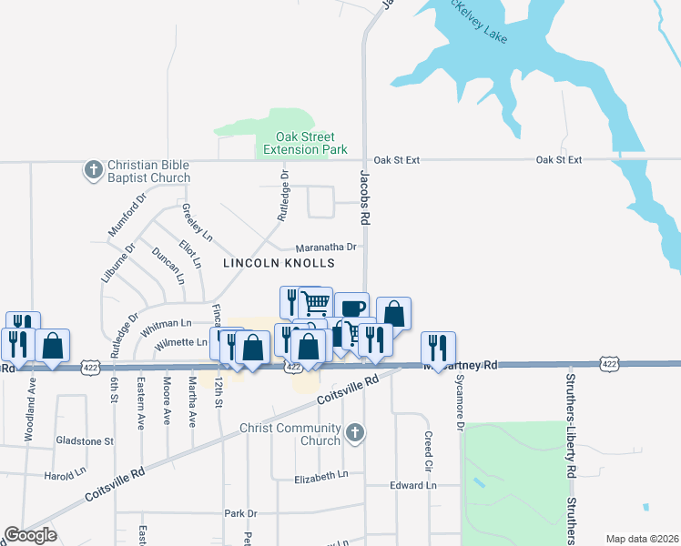 map of restaurants, bars, coffee shops, grocery stores, and more near 128 Jacobs Road in Youngstown