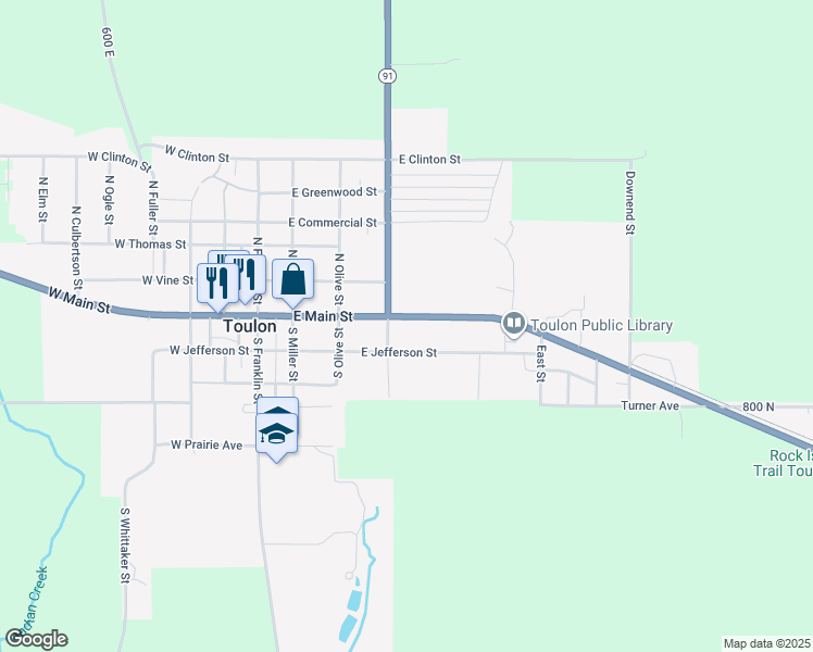 map of restaurants, bars, coffee shops, grocery stores, and more near 414 East Main Street in Toulon