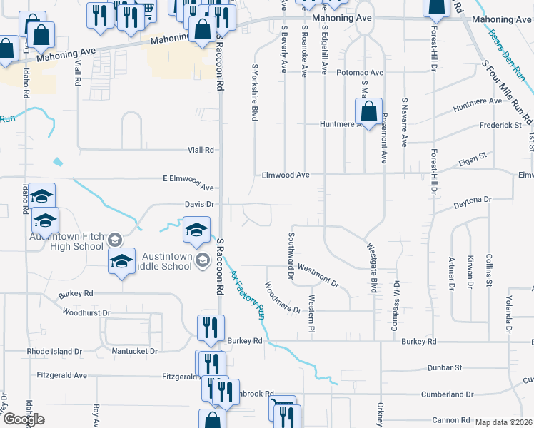 map of restaurants, bars, coffee shops, grocery stores, and more near 321 South Yorkshire Boulevard in Youngstown