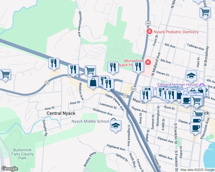 map of restaurants, bars, coffee shops, grocery stores, and more near 2 North Broadway in Nyack