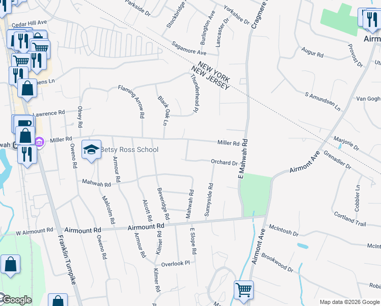 map of restaurants, bars, coffee shops, grocery stores, and more near 250 Miller Road in Mahwah