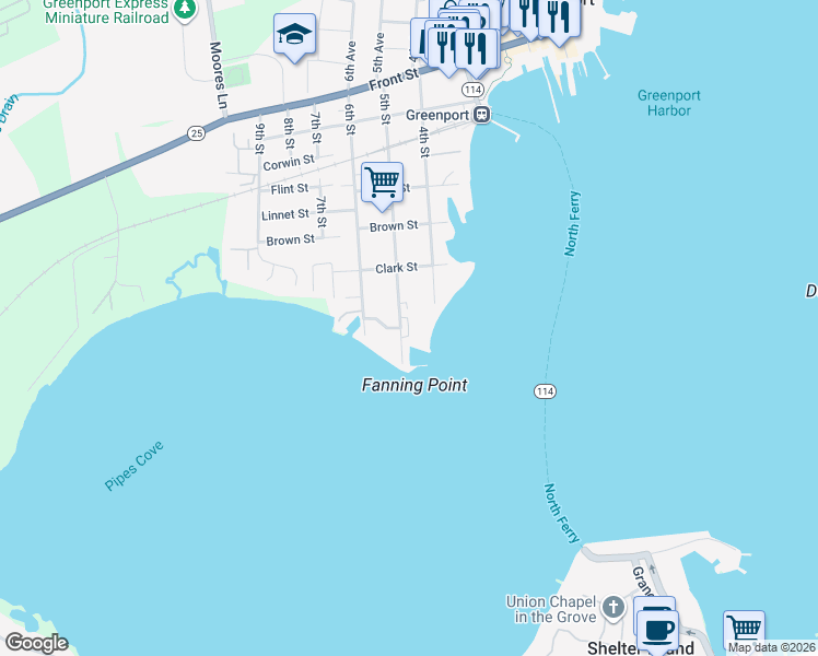 map of restaurants, bars, coffee shops, grocery stores, and more near 150 5th Street in Greenport