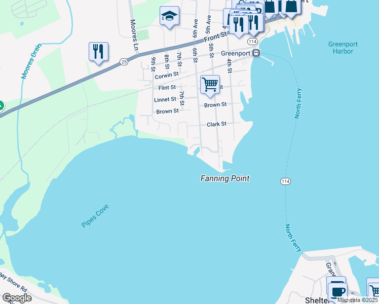 map of restaurants, bars, coffee shops, grocery stores, and more near 131 6th Street in Greenport