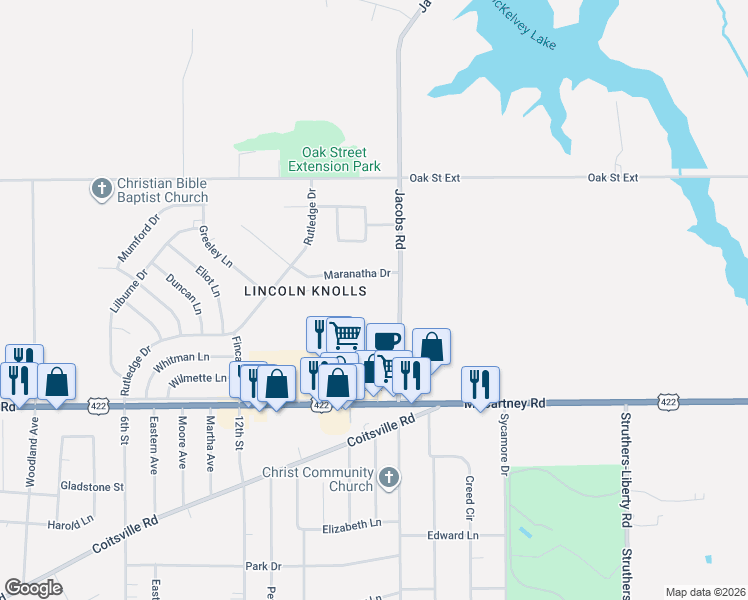 map of restaurants, bars, coffee shops, grocery stores, and more near 128 Jacobs Road in Youngstown