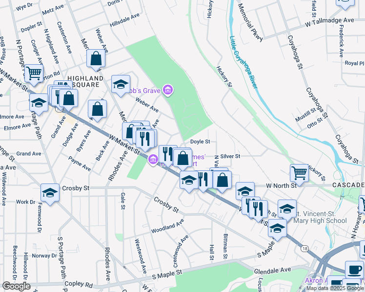 map of restaurants, bars, coffee shops, grocery stores, and more near 66 North Balch Street in Akron