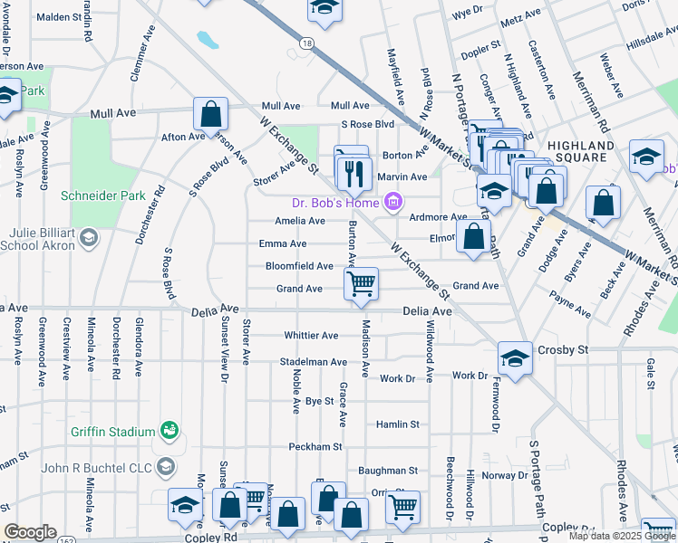 map of restaurants, bars, coffee shops, grocery stores, and more near 1001 Bloomfield Avenue in Akron