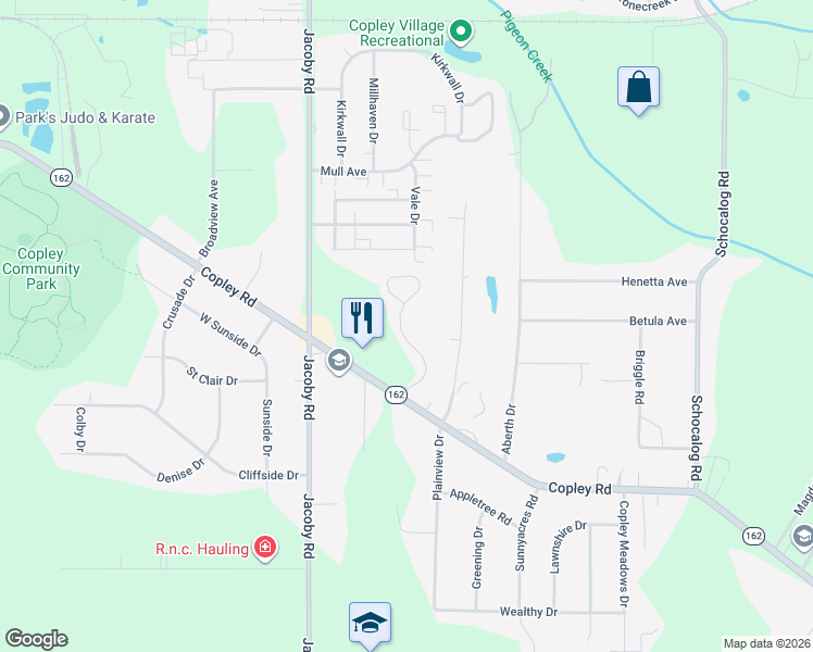 map of restaurants, bars, coffee shops, grocery stores, and more near 1219 Meadow Run in Copley