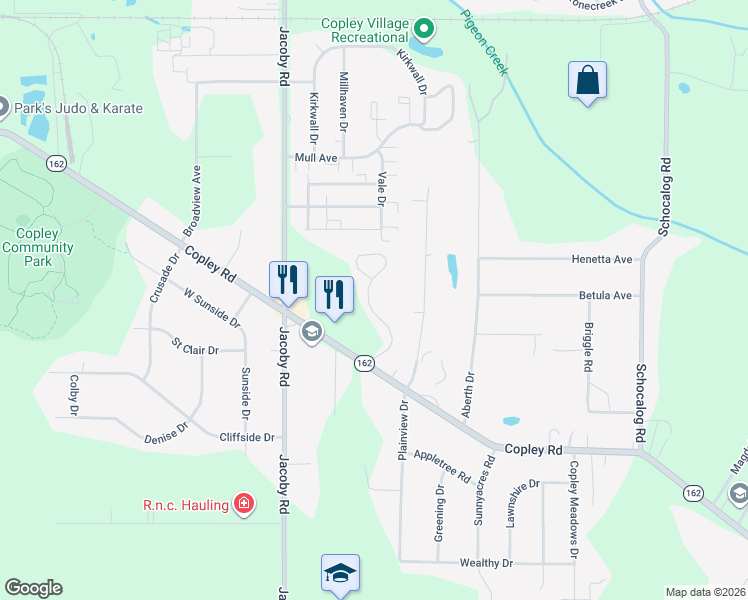 map of restaurants, bars, coffee shops, grocery stores, and more near 1219 Meadow Run in Copley