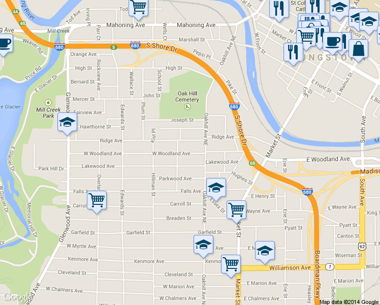 map of restaurants, bars, coffee shops, grocery stores, and more near 534 W Woodland Ave in Youngstown