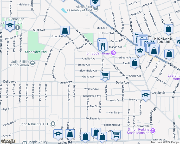 map of restaurants, bars, coffee shops, grocery stores, and more near 1042 Bloomfield Avenue in Akron